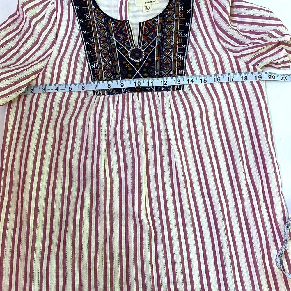 The Korner Red/White Striped Embroidered Bead Boho Notch Neck Shift Dress S - Picture 6 of 7
